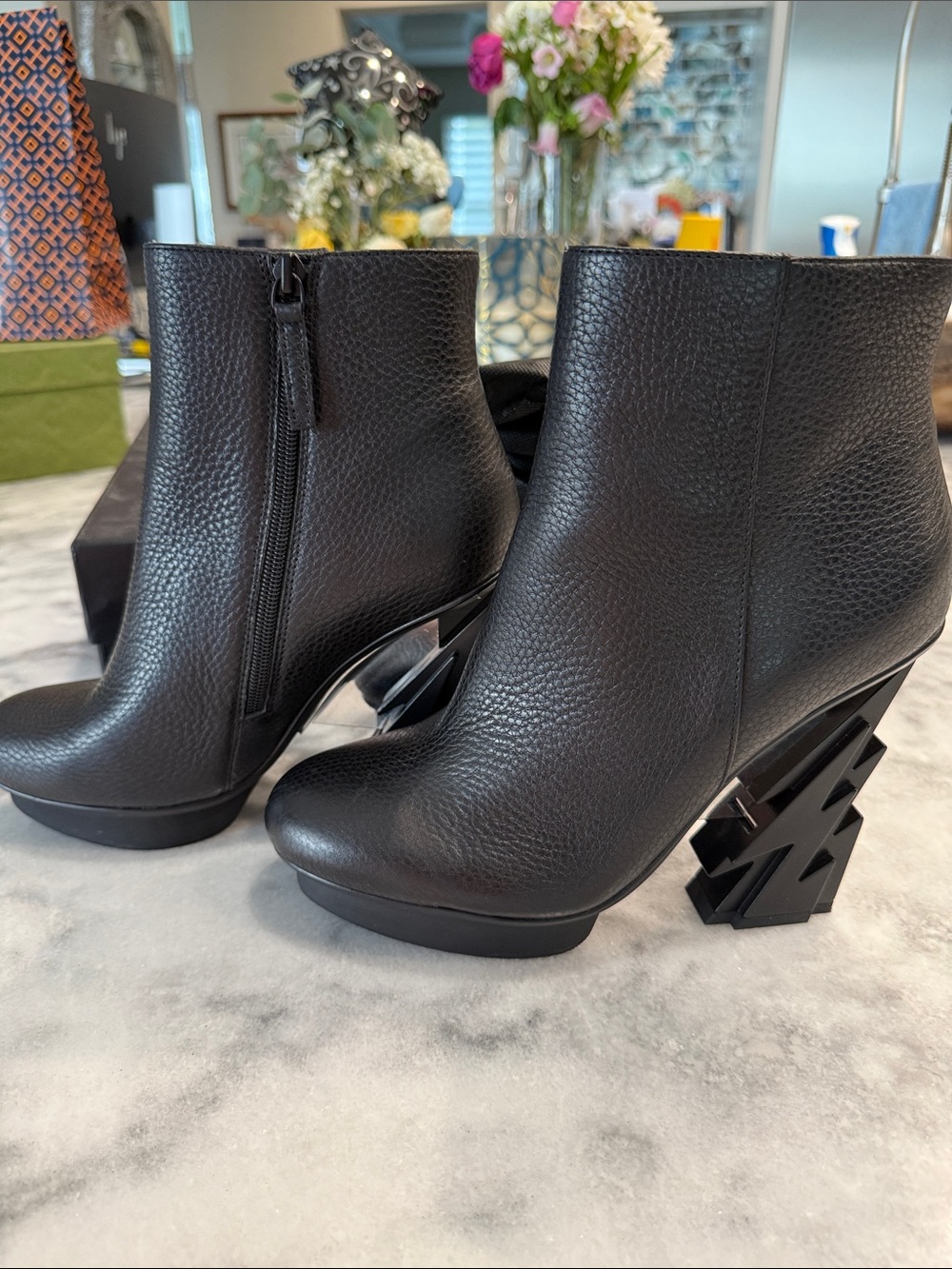 Women's Black Leather Ankle Boots with Sculpted Geometric Heel